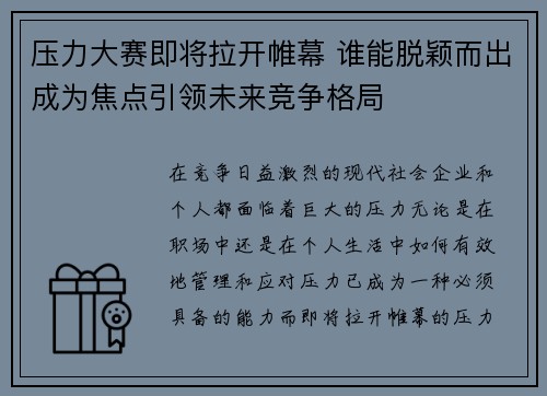 压力大赛即将拉开帷幕 谁能脱颖而出成为焦点引领未来竞争格局