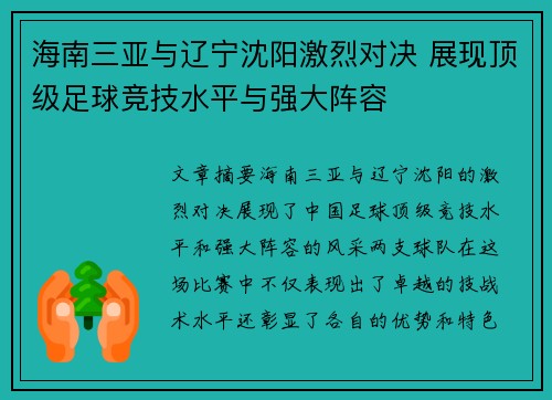 海南三亚与辽宁沈阳激烈对决 展现顶级足球竞技水平与强大阵容