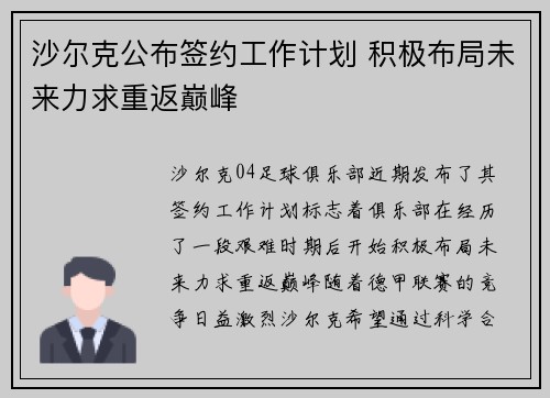 沙尔克公布签约工作计划 积极布局未来力求重返巅峰