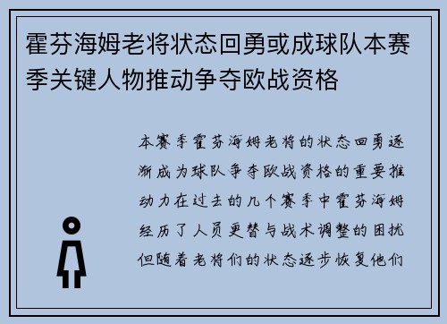 霍芬海姆老将状态回勇或成球队本赛季关键人物推动争夺欧战资格