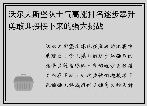 沃尔夫斯堡队士气高涨排名逐步攀升勇敢迎接接下来的强大挑战